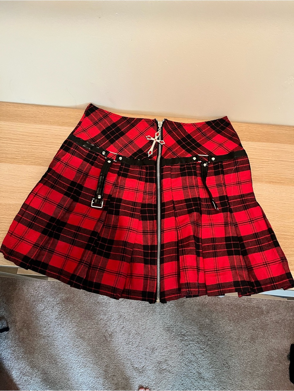 Red Plaid Pleated Mini Skirt with Front Zip and Buckle Accents